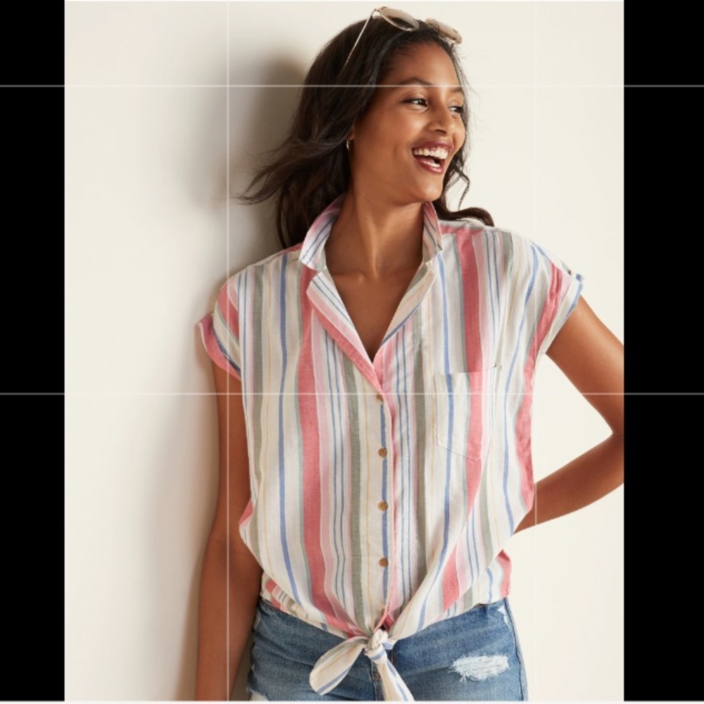 Multi-Stripe Notched-Collar Tie-Hem Shirt